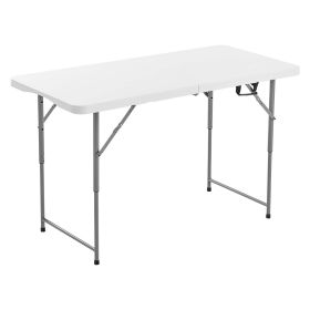 Folding Table, 4 Ft Heavy Duty Portable Fold-in-Half Utility Table, Indoor Outdoor Plastic Rectangle Table with Adjustable Height and Built in Ha