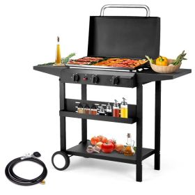3-Burner Flat Top Gas Griddle Cooking Station with Ceramic Coated Cast Iron Pan, 30