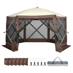 Pop Up Gazebo Tent, Pop-Up Screen Tent 6 Sided Canopy Sun Shelter with 6 Removable Privacy Wind Cloths & Mesh Windows (Item Size: 11.5 x 11.5 ft, Color: Brown)